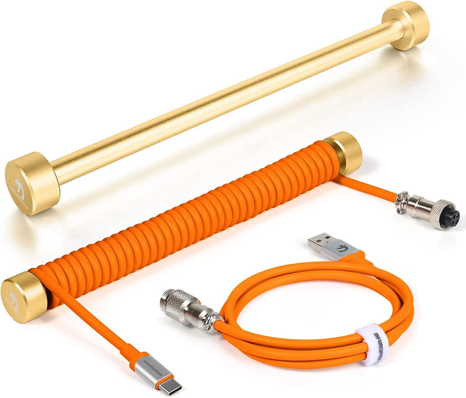 Gold aluminum coil winder with orange coiled USB C cable and straight USB C cable