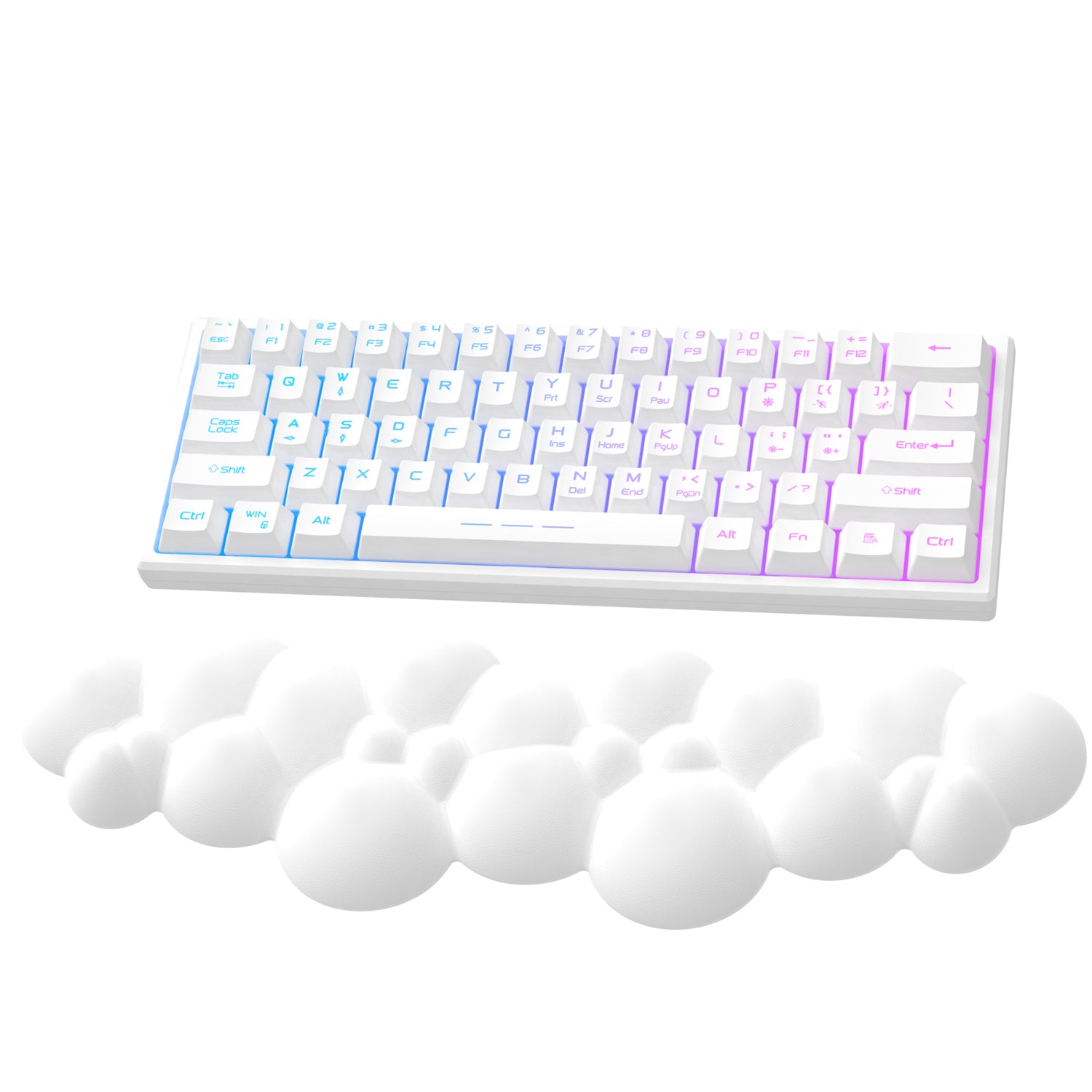 Ergonomic memory foam wrist rest under a colorful RGB mechanical keyboard.