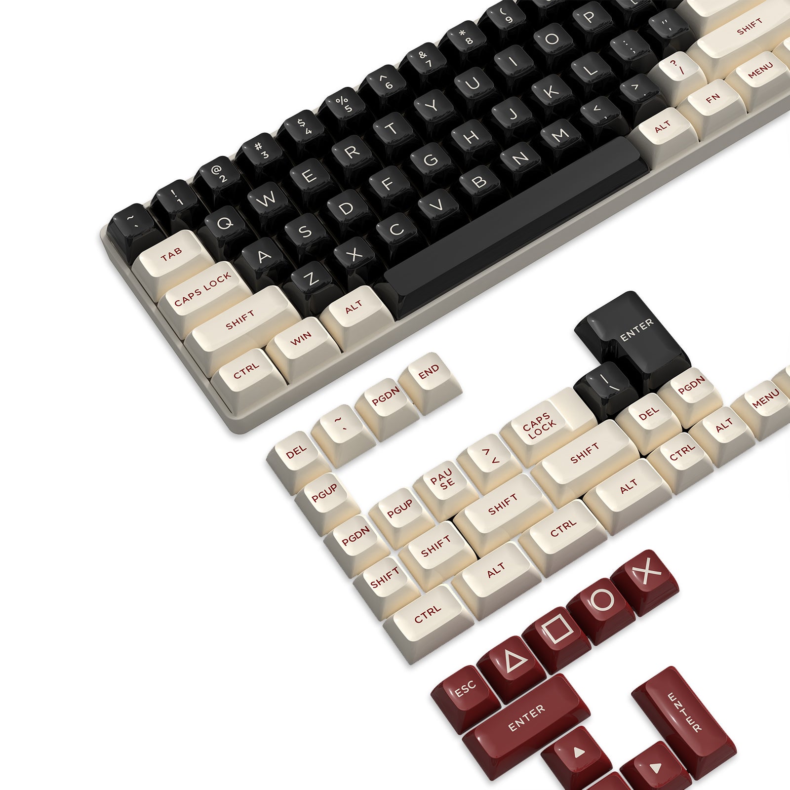 PBT keycaps set, featuring black and cream keys with red modifiers for mechanical keyboards.