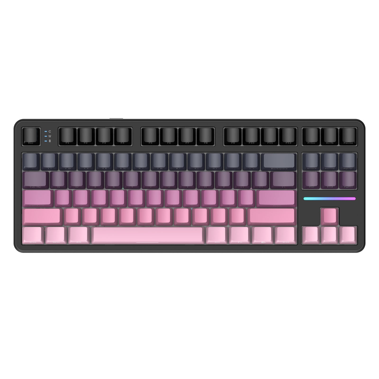 Top view of ATTACK SHARK X87 keyboard with gradient pink and purple PBT keycaps and RGB lighting.