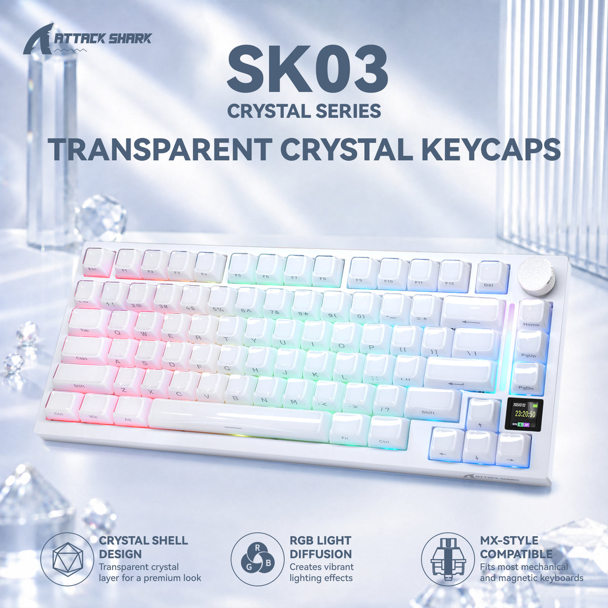ATTACK SHARK SK03 136キー クリスタルキーキャップ、ASAプロファイル、ANSI/ISO