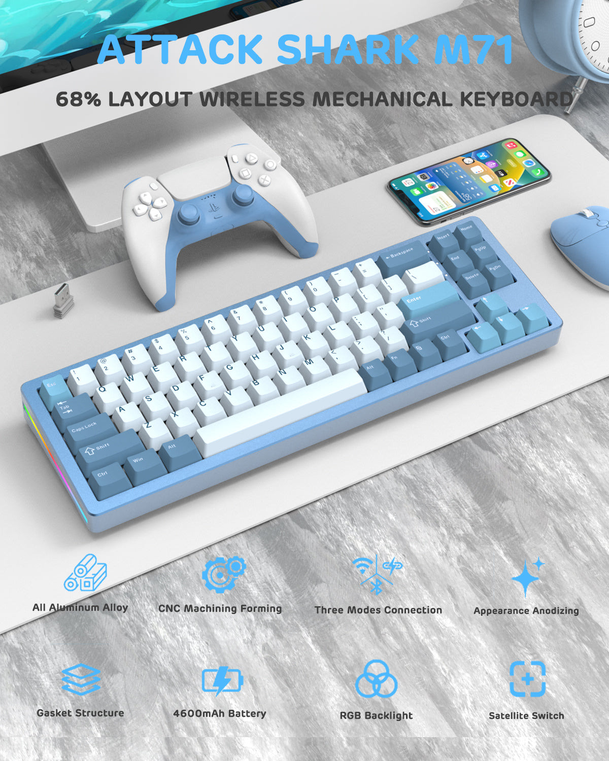 ATTACK SHARK x XINMENG M71 Knob CNC Aluminum Wireless Mechanical Keyboard