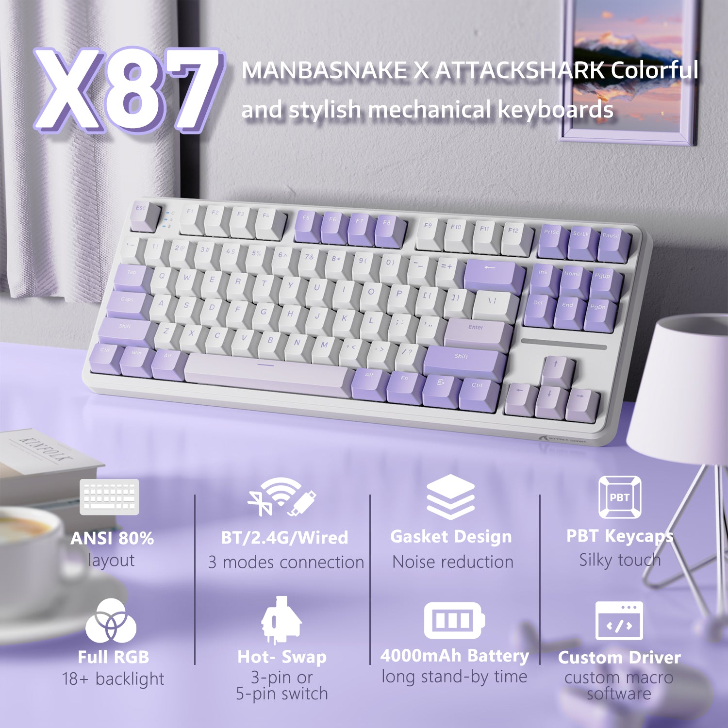 X87 keyboard in white and purple with PBT keycaps and RGB backlighting