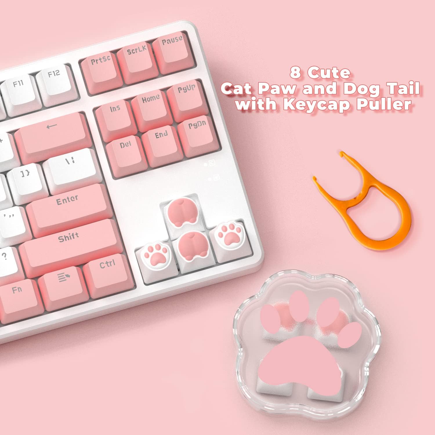 Cute cat paw and dog tail keycaps on white keyboard with keycap puller.