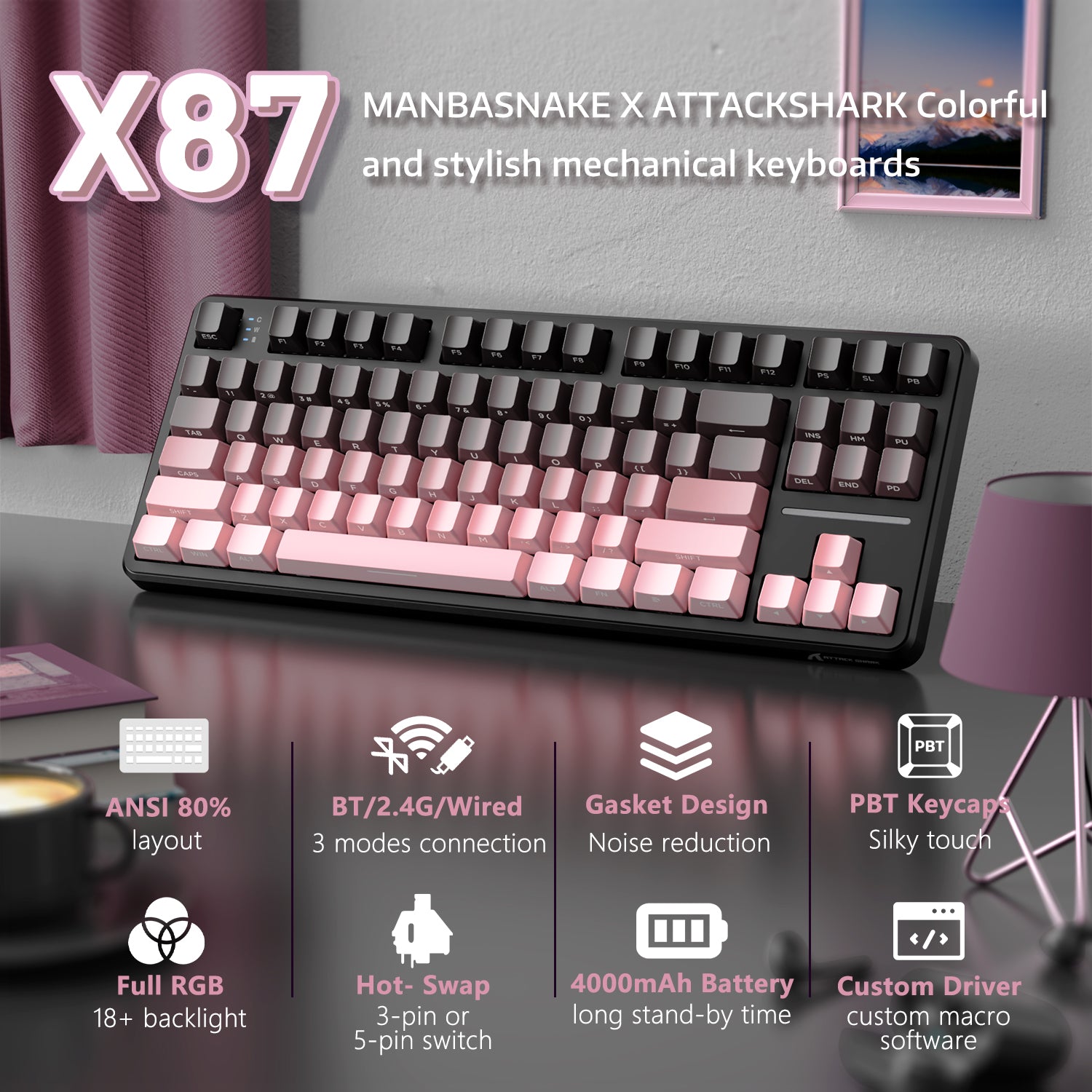 X87 mechanical keyboard in pink and black with full RGB lighting and tri-mode connectivity.