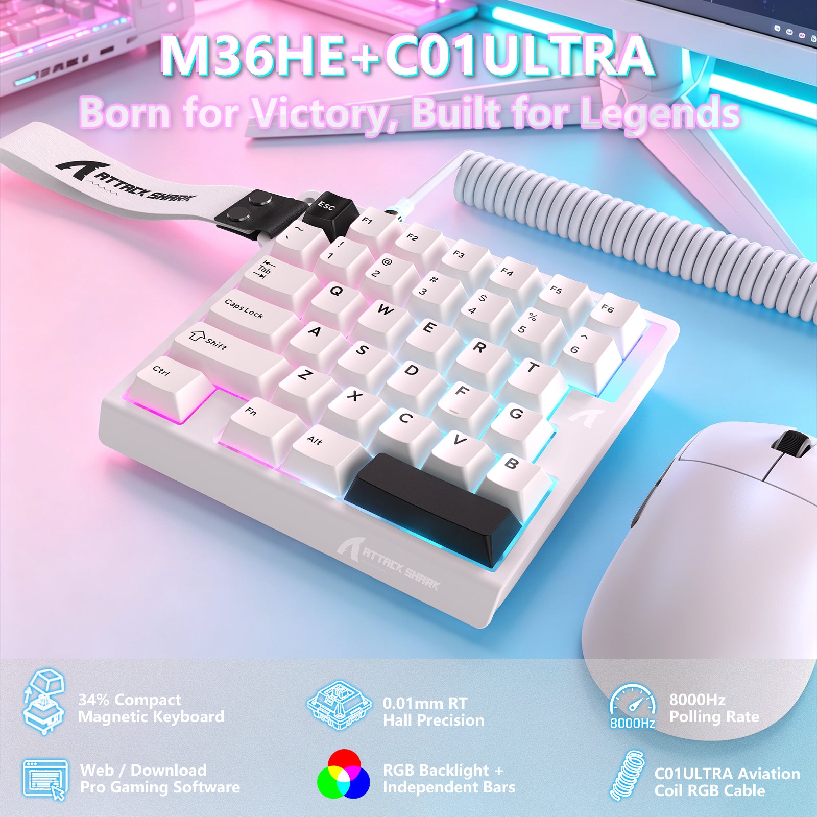 ATTACK SHARK M36 HE 片手用マグネティックスイッチキーボード＆C01 ULTRA LED アビエーターケーブル