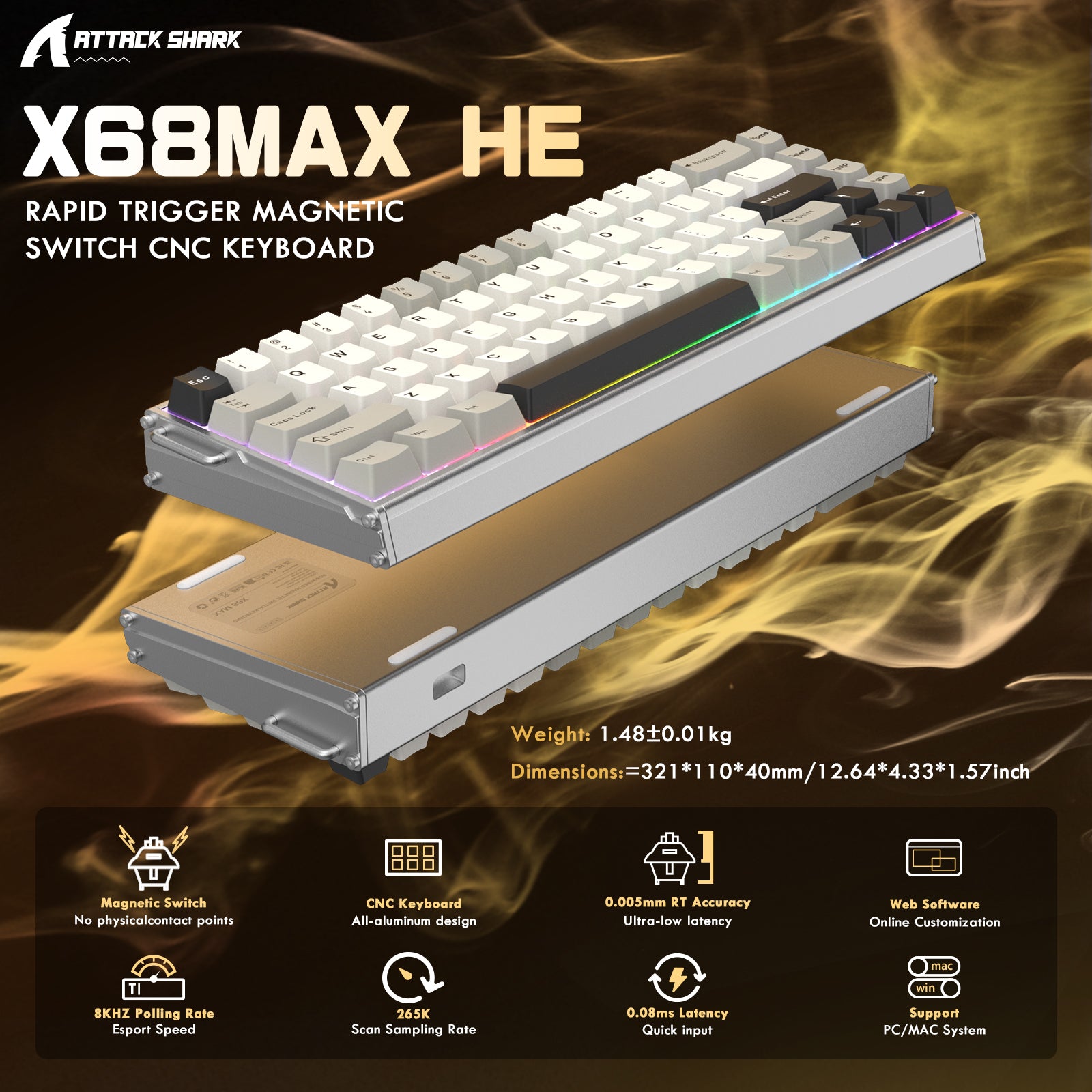 ATTACK SHARK X68MAX HE ラピッドトリガー CNC アルミニウムキーボード マグネティックスイッチ C01Ultra RGB コイルケーブル付き