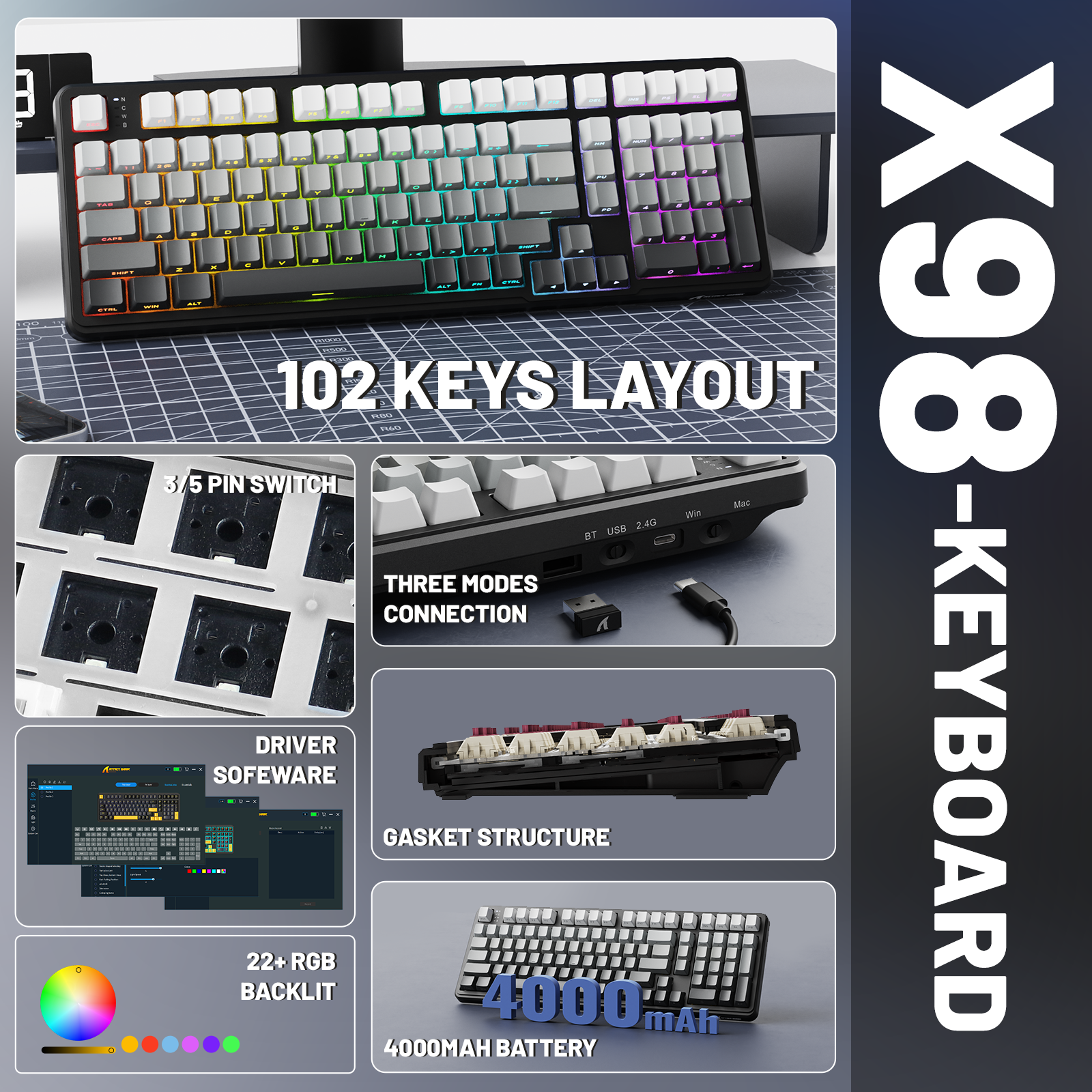 ATTACK SHARK X98 フルサイズ ワイヤレス メカニカルキーボード
