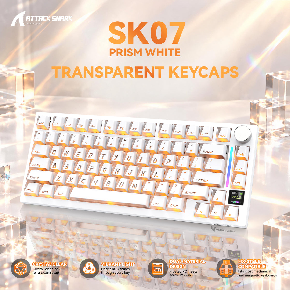 ATTACK SHARK SK07 131キー プリズム仕様の透過キーキャップ、ANSI、ホワイト