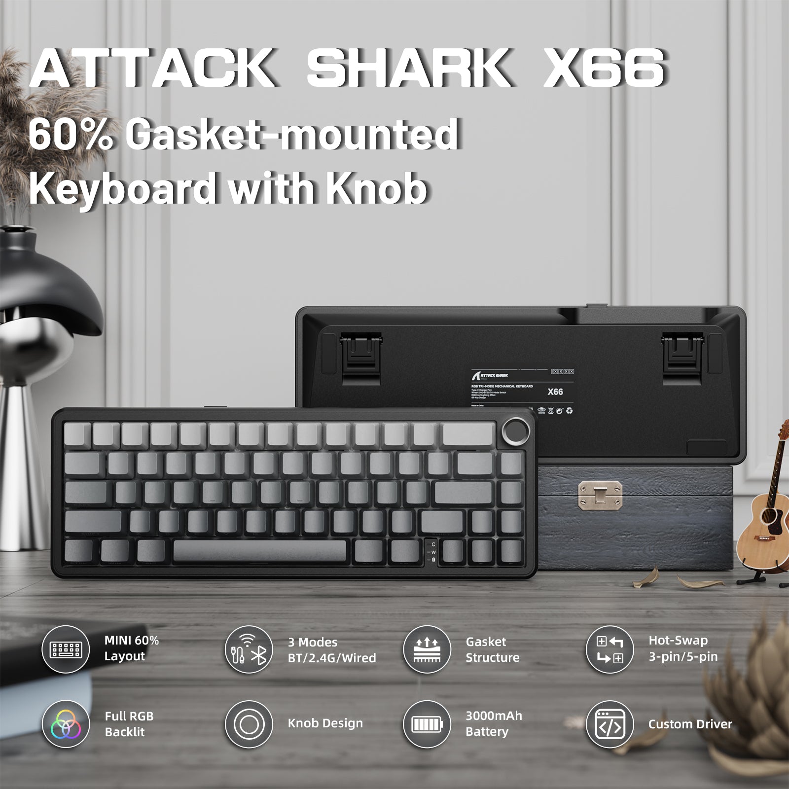 ATTACK SHARK X66 ワイヤレスメカニカルキーボード（8Kコイルケーブル付き）