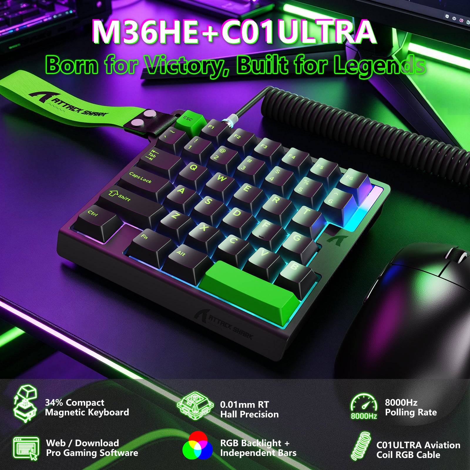 ATTACK SHARK M36 HE 片手用マグネティックスイッチキーボード＆C01 ULTRA LED アビエーターケーブル