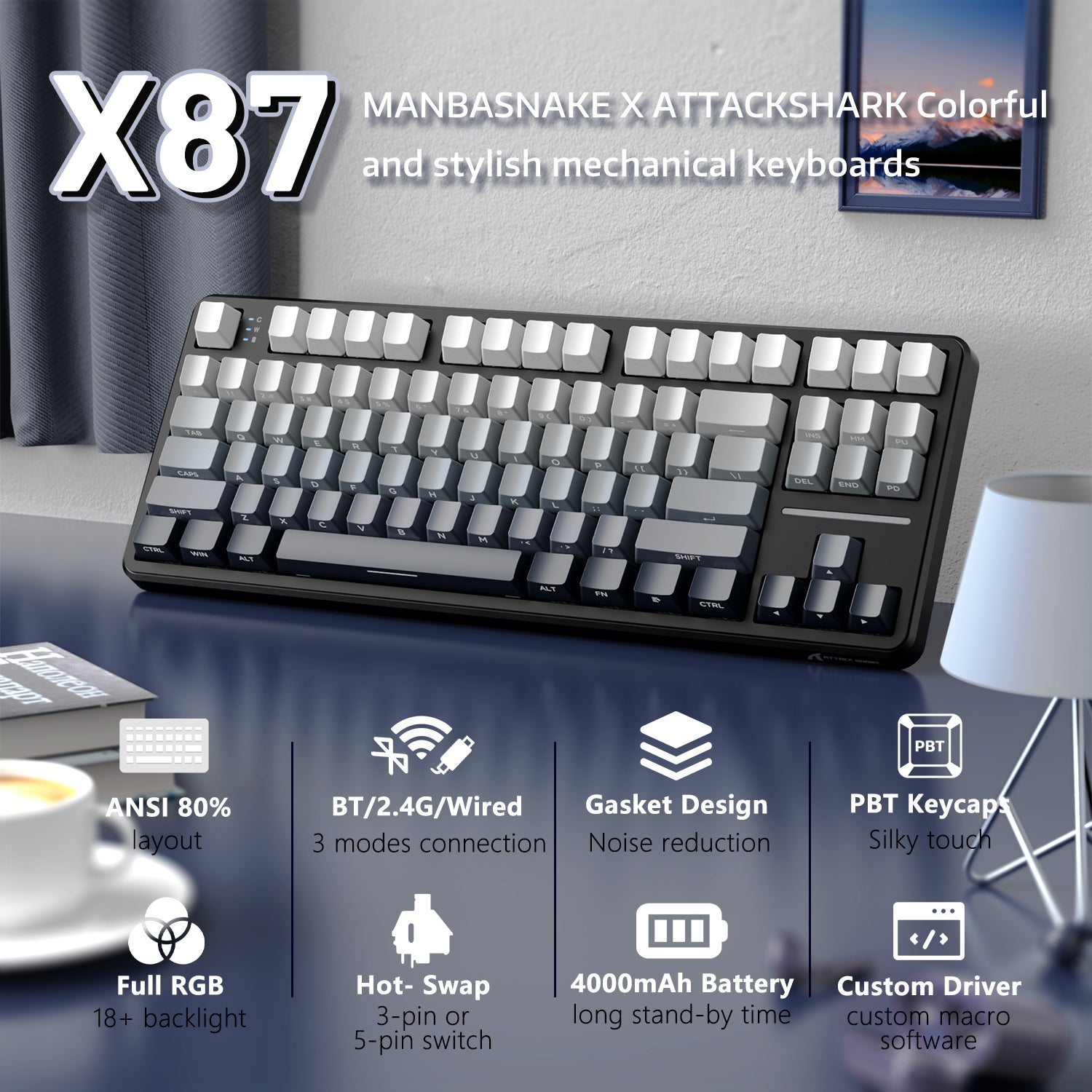 ATTACK SHARK X87 mechanical keyboard with tri-mode connectivity and PBT keycaps.