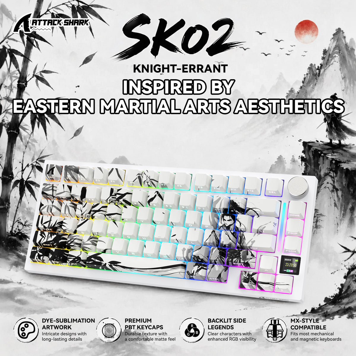 ATTACK SHARK SK02 129キー PBTサイド印字キーキャップ、ANSI/ISO、ナイト・エラント