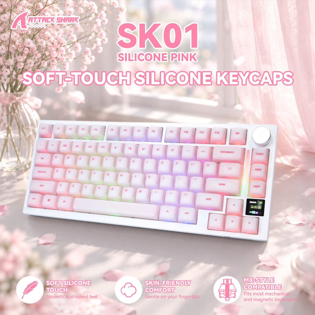 ATTACK SHARK SK01 113キー シリコンキーキャップセット、Cherryプロファイル、ANSI、ピンク
