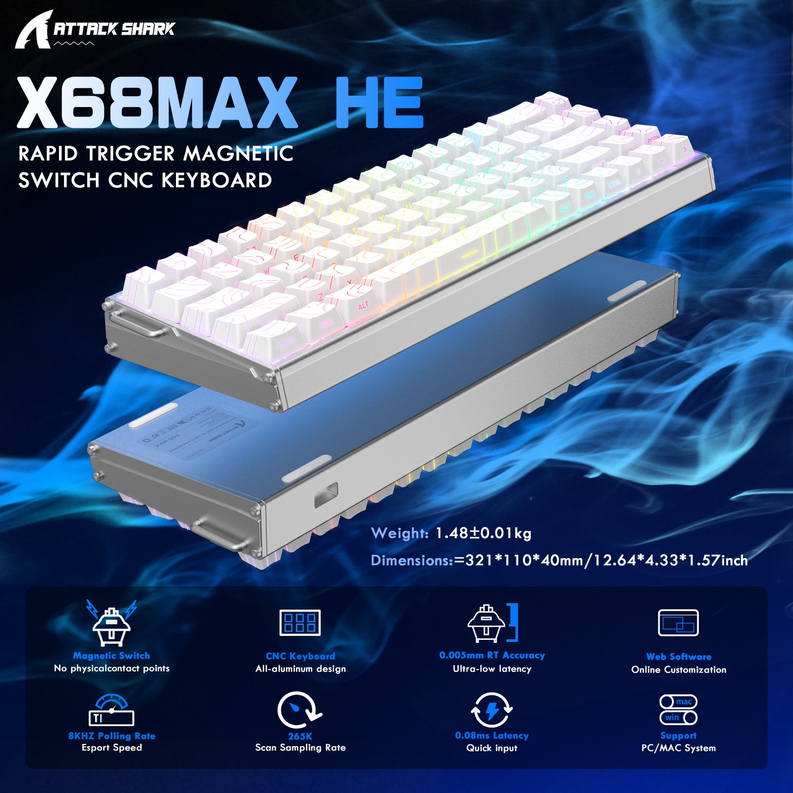 ATTACK SHARK X68MAX HE ラピッドトリガー CNC アルミニウムキーボード マグネティックスイッチ C01Ultra RGB コイルケーブル付き
