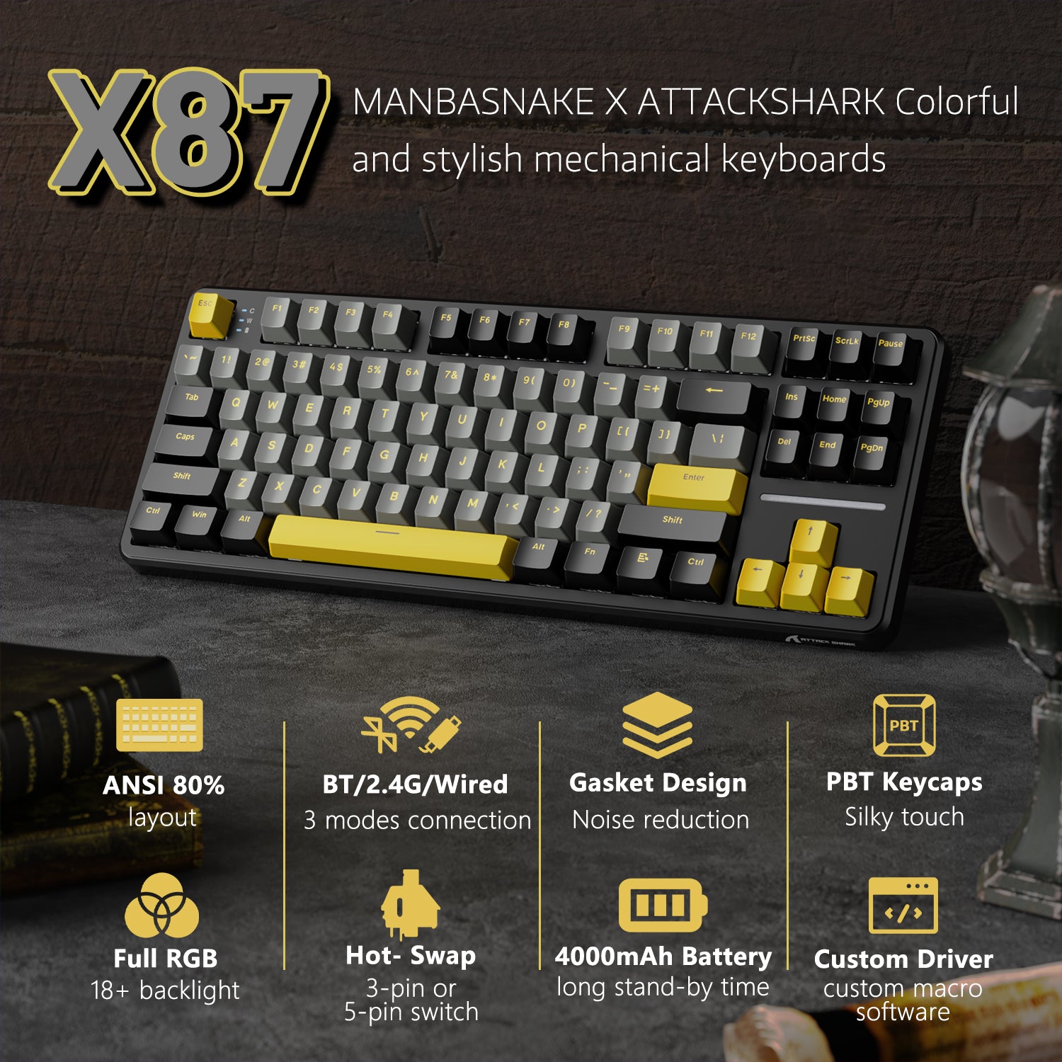 X87 mechanical keyboard with ANSI layout, tri-mode connectivity, and PBT keycaps.