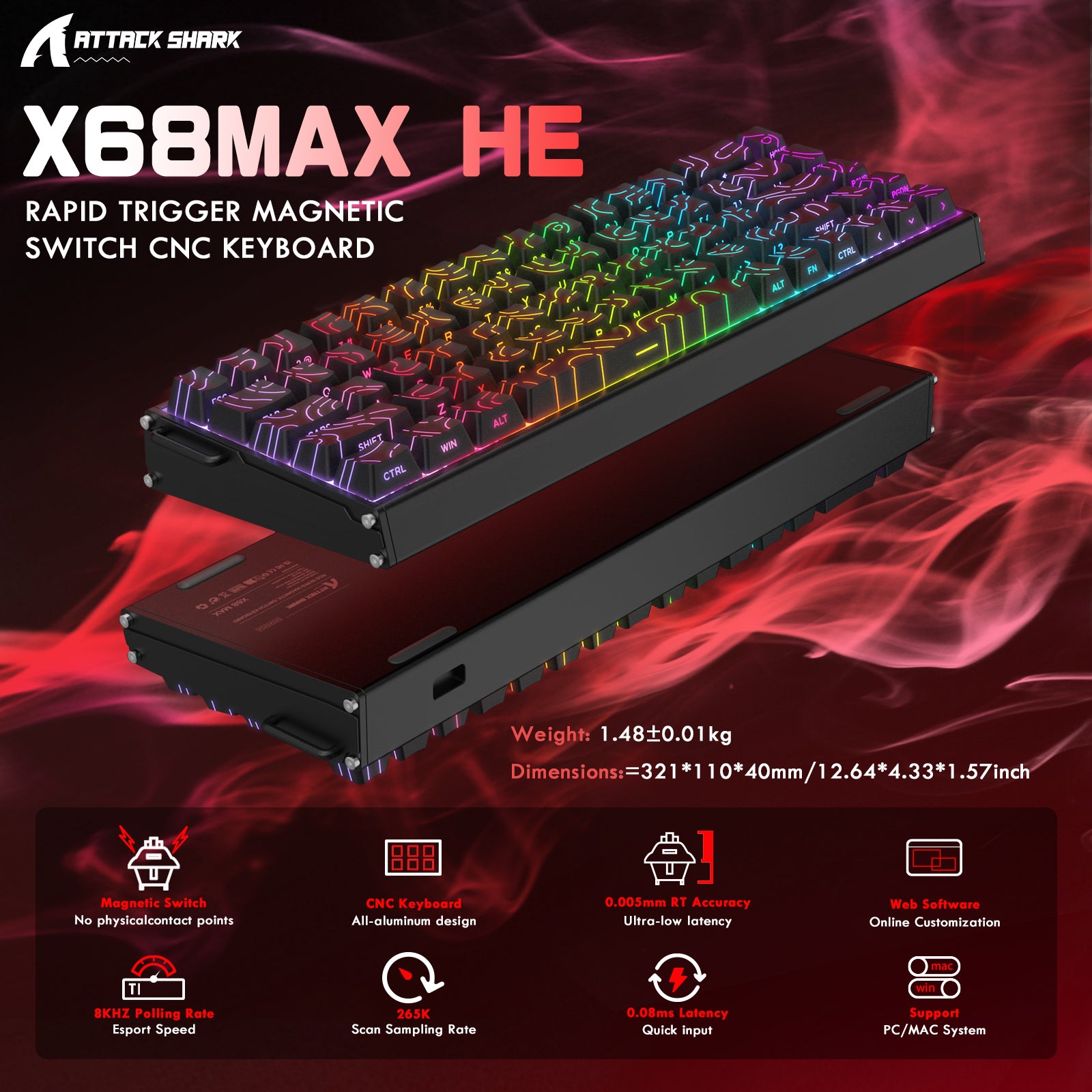ATTACK SHARK X68MAX HE ラピッドトリガー CNC アルミニウムキーボード マグネティックスイッチ C01Ultra RGB コイルケーブル付き