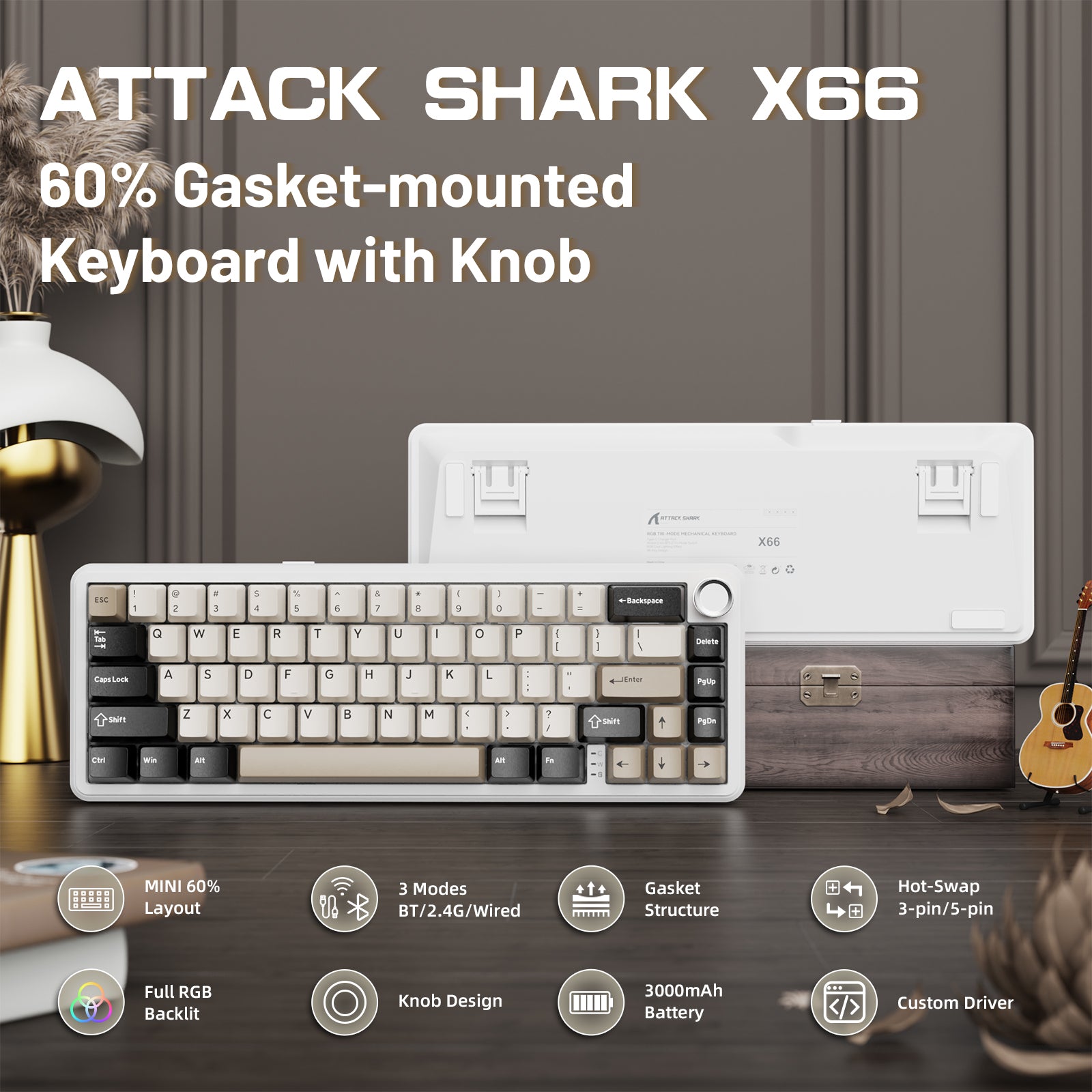 ATTACK SHARK X66 ワイヤレスメカニカルキーボード（8Kコイルケーブル付き）