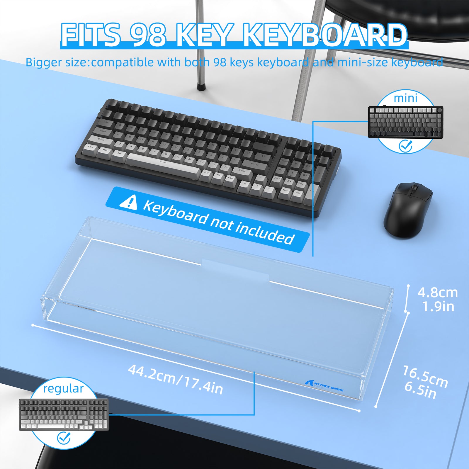 Acrylic keyboard dust cover dimensions for 98 keys keyboard displayed on blue table.