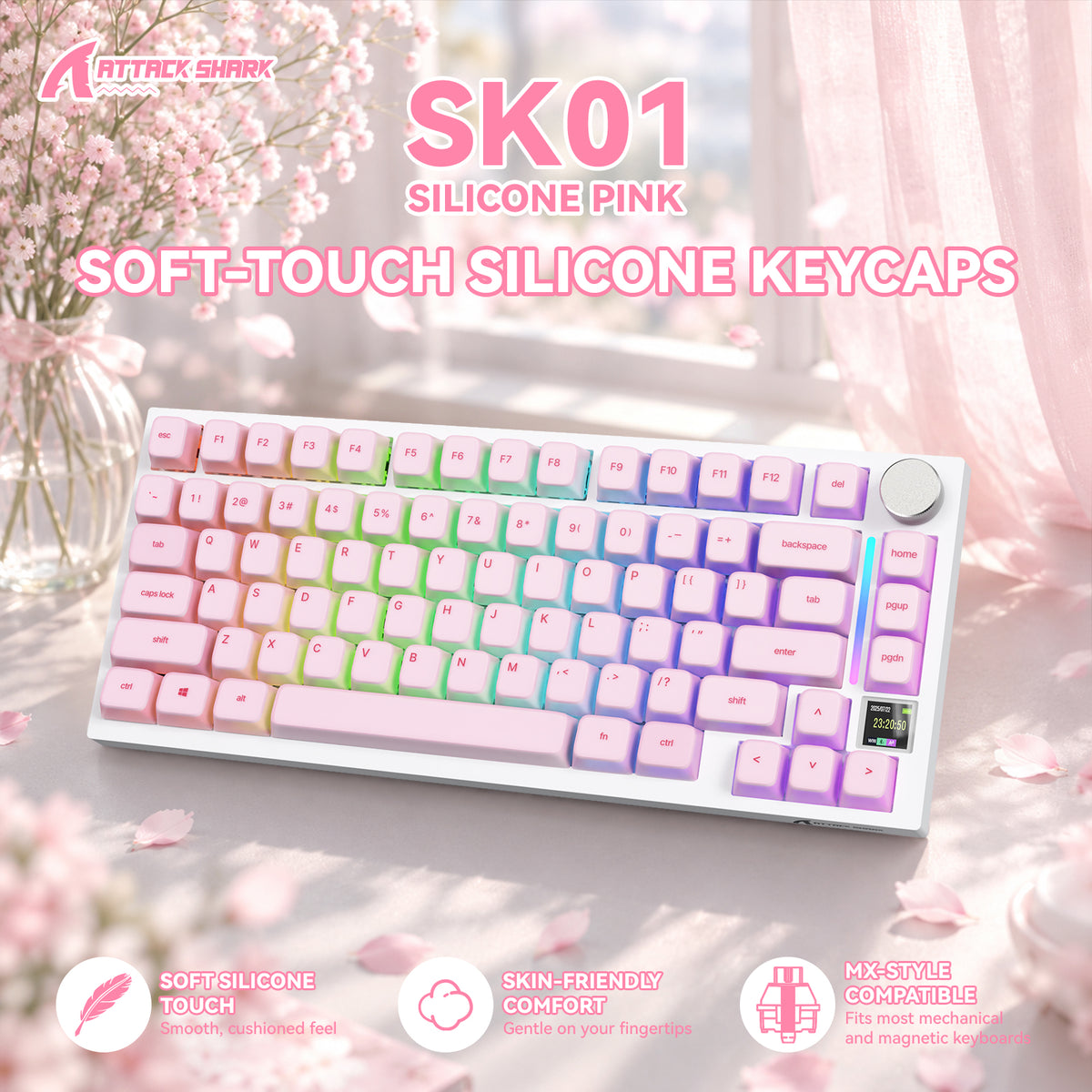 ATTACK SHARK SK01 113キー シリコンキーキャップセット、Cherryプロファイル、ANSI、ピンク