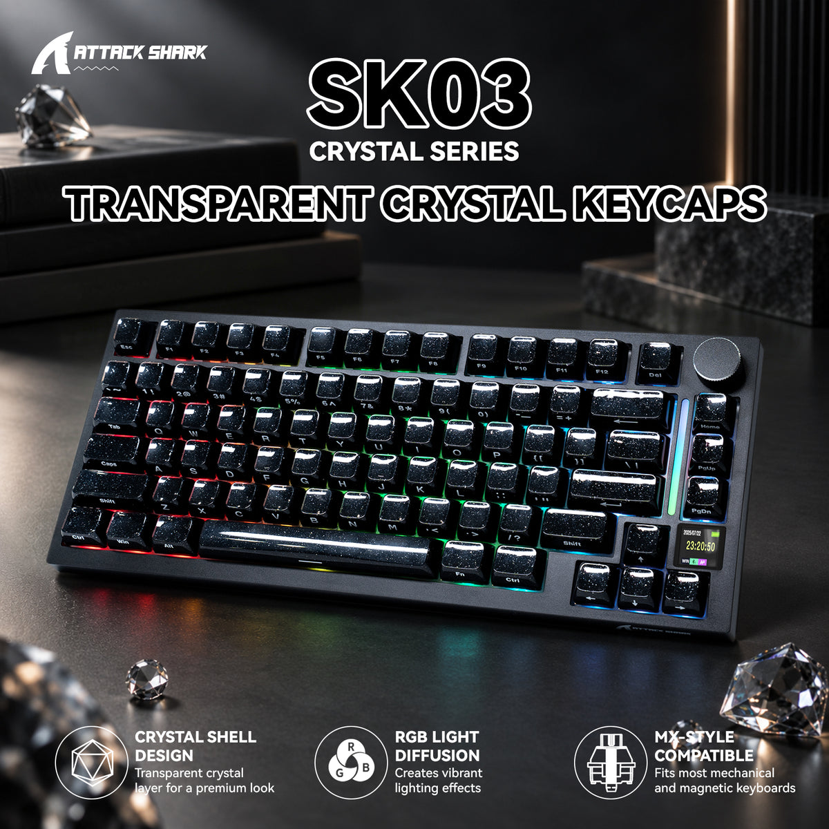 ATTACK SHARK SK03 136キー クリスタルキーキャップ、ASAプロファイル、ANSI/ISO