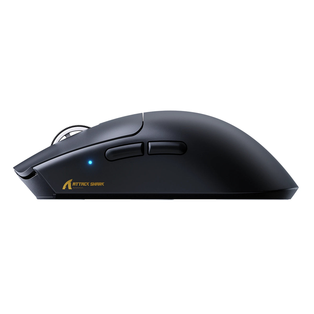 Black ATTACK SHARK MEGA B2 wireless gaming mouse side view with blue indicator light