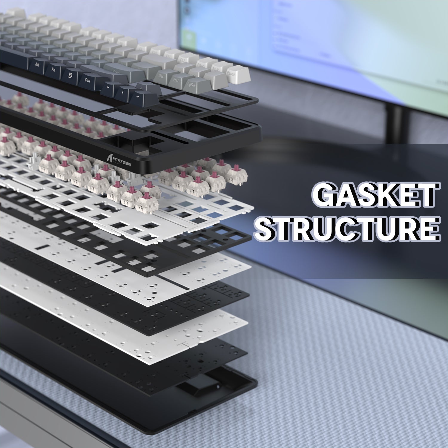 Gasket structure layers of ATTACK SHARK X87 mechanical keyboard showing PBT keycaps.