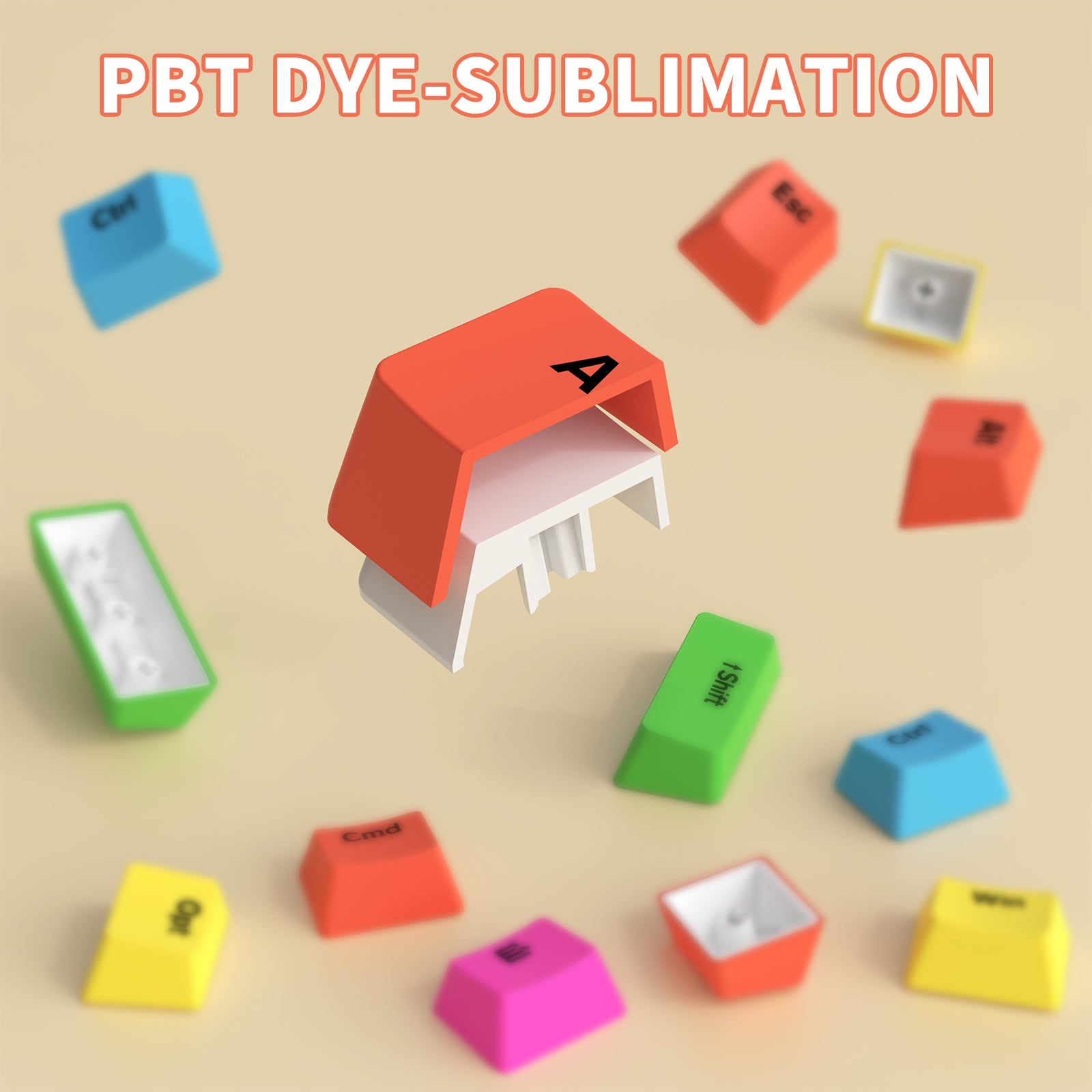 Vibrant PBT dye-sublimation keycaps in multiple colors, including an orange 'A' keycap.