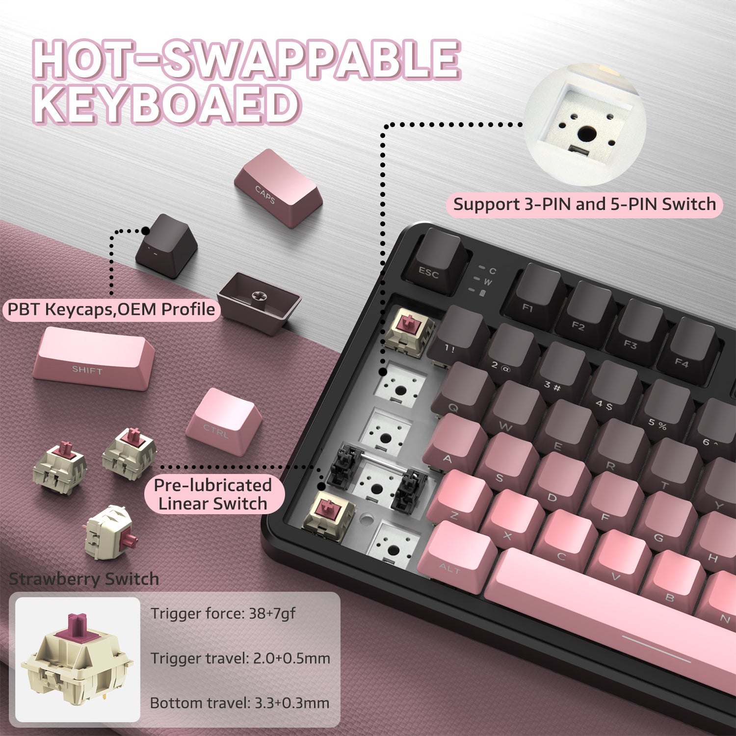 Hot-swappable keyboard switches of ATTACK SHARK X87 with PBT keycaps and linear strawberry switch.