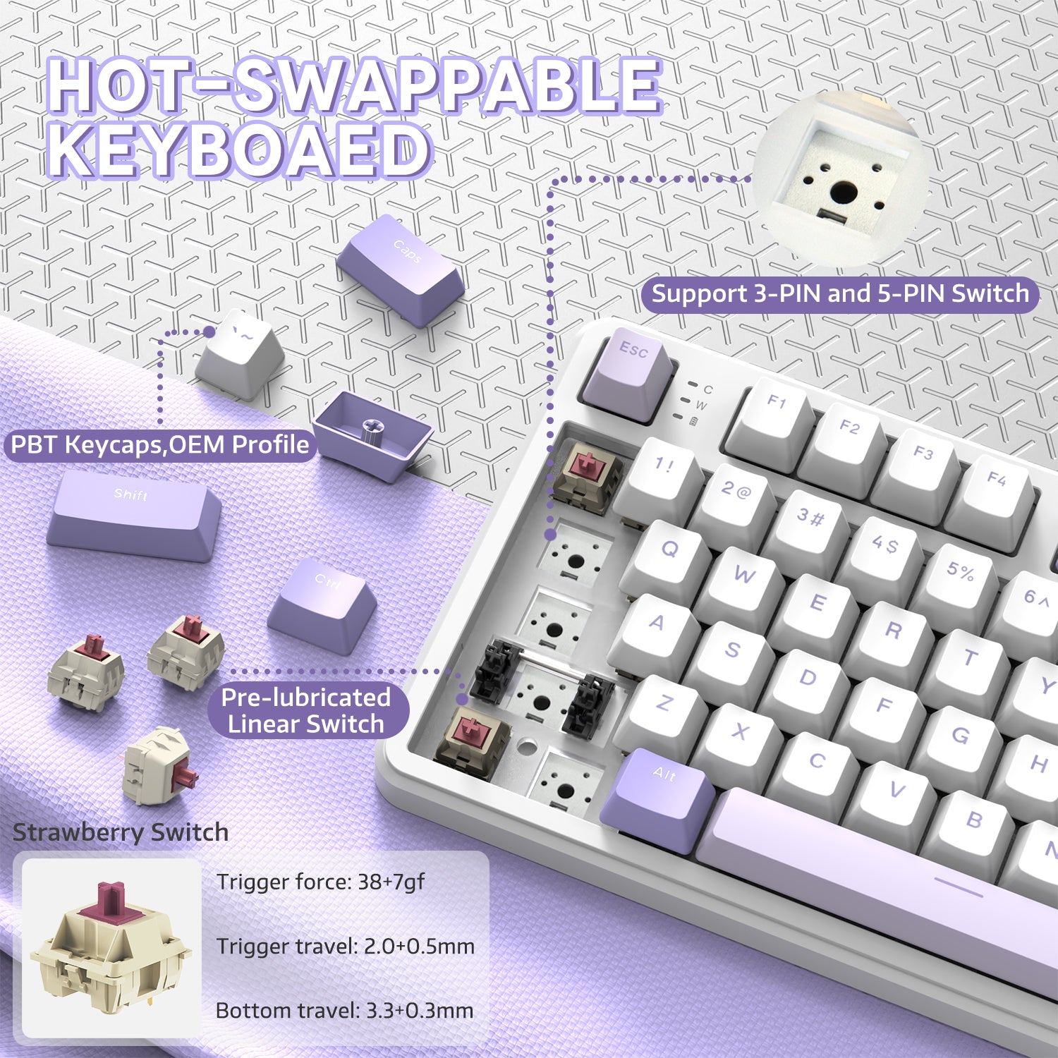 Hot-swappable switches and PBT keycaps of ATTACK SHARK X87 mechanical keyboard