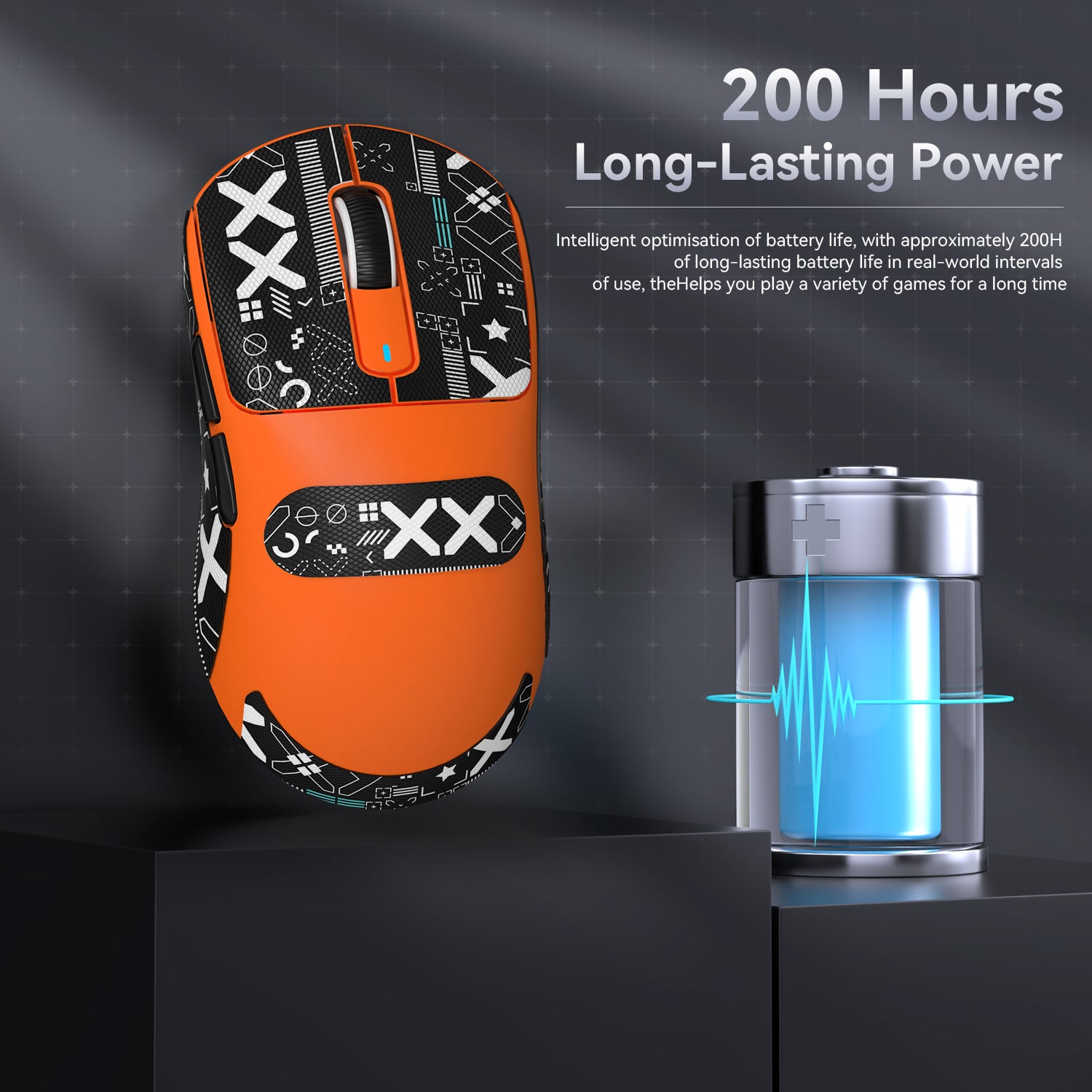 Attack Shark X3 orange gaming mouse with battery life graphic, showcasing 200 hours of usage.