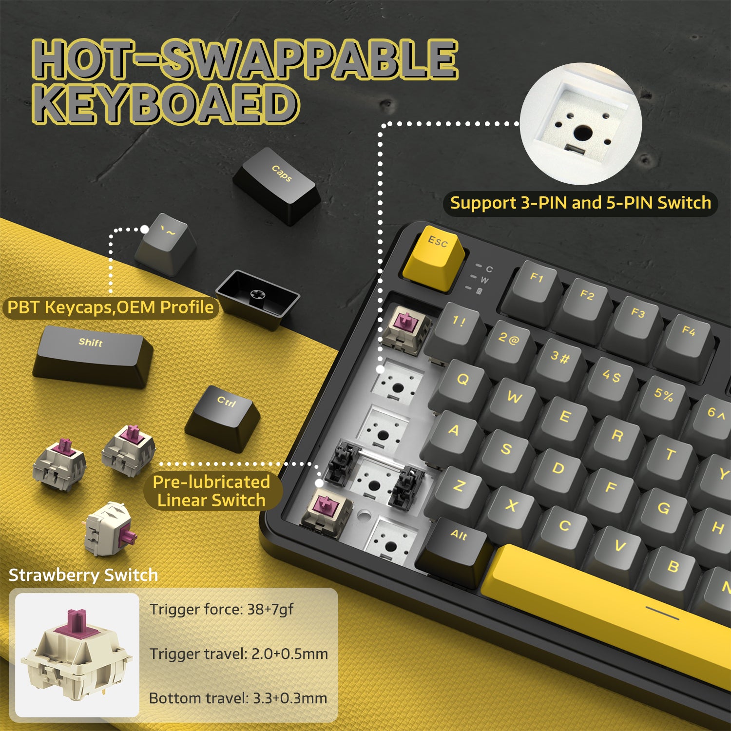 Hot-swappable strawberry switches and PBT keycaps of ATTACK SHARK X87 keyboard.