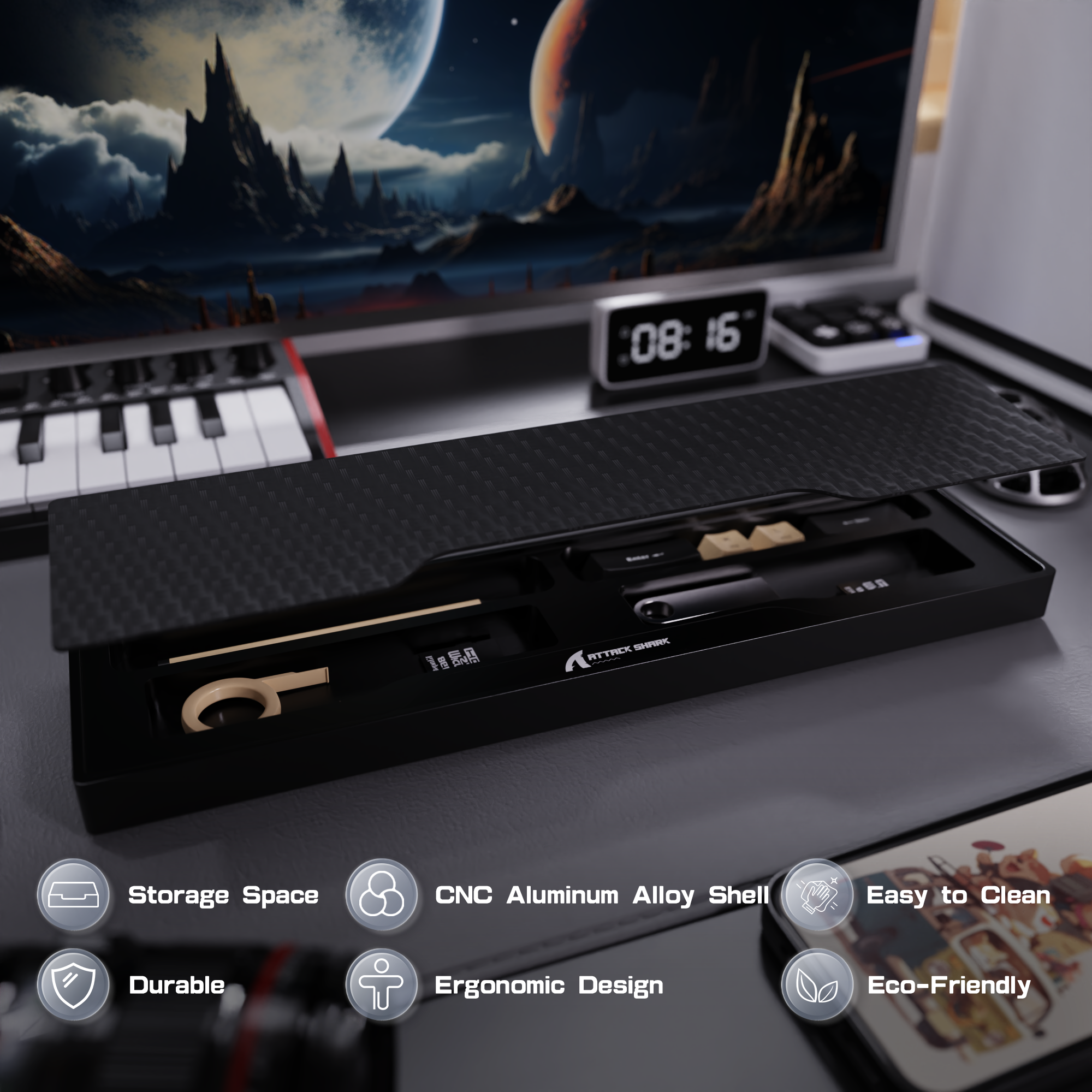 ATTACK SHARK Aluminum Alloy Wrist Rest with Partition Storage Case