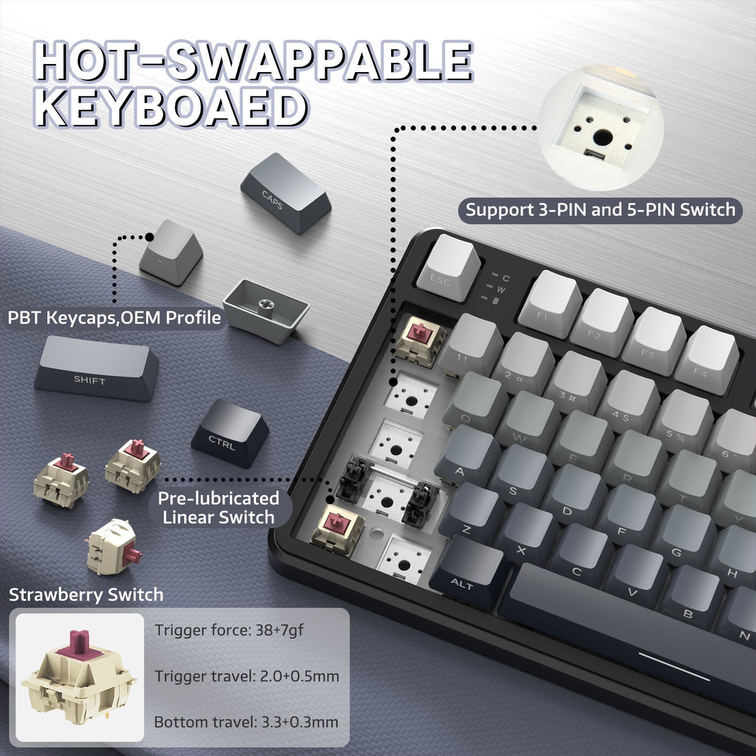 Hot-swappable feature of ATTACK SHARK X87 keyboard with PBT keycaps and strawberry switches.