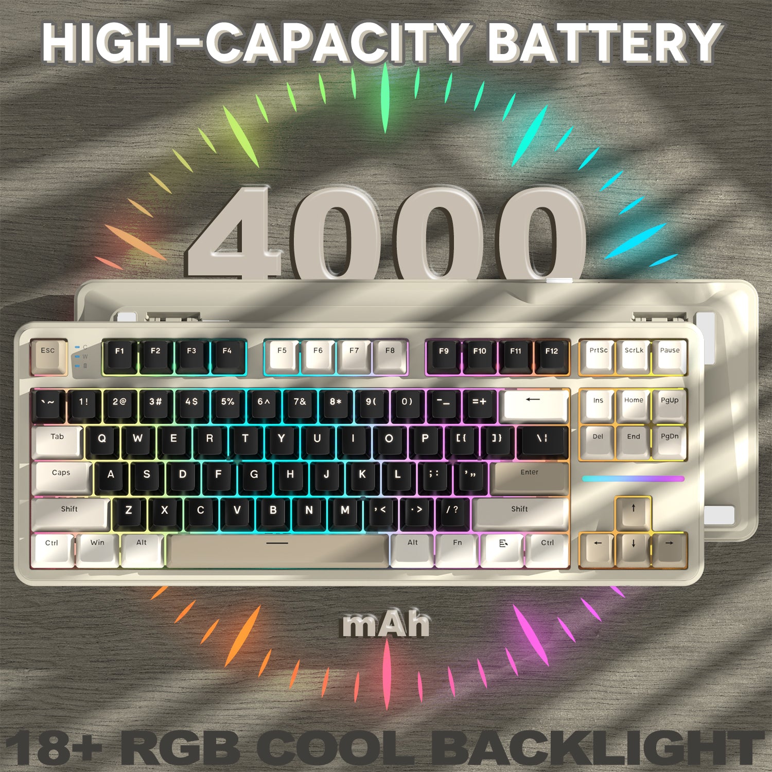 X87 keyboard showcasing 4000mAh battery and customizable RGB backlighting options