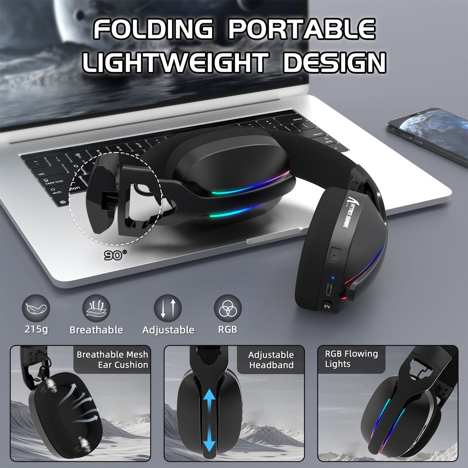 ATTACK SHARK L90 折りたたみ式 RGB Ultra 軽量 トライモード ゲーミングヘッドセット