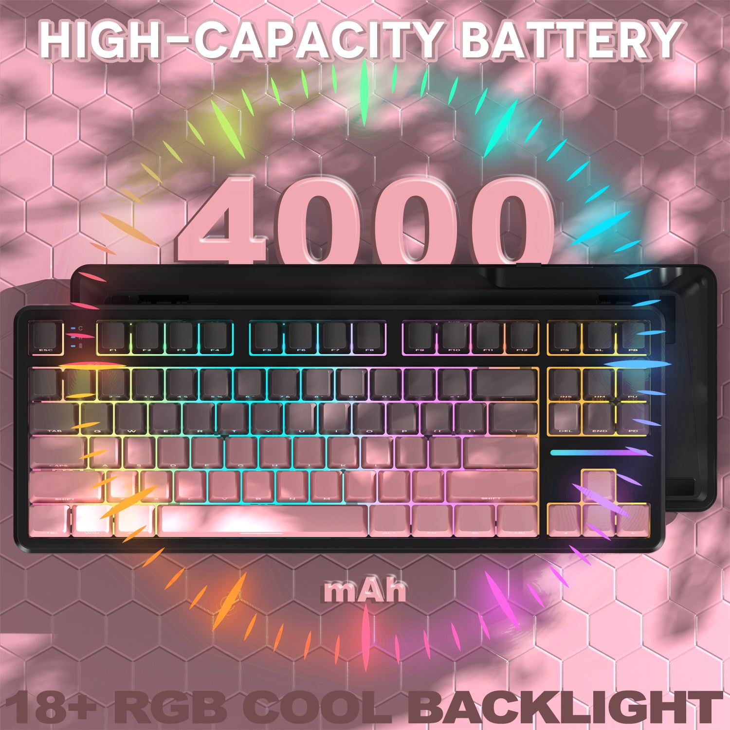 ATTACK SHARK X87 keyboard with 4000mAh battery and 18+ RGB backlighting showcased.