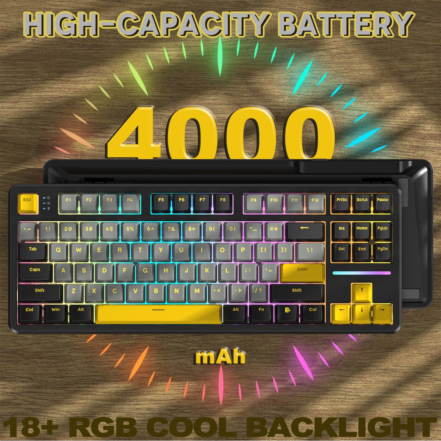 X87 keyboard highlighting 4000mAh battery and 18 RGB backlighting options.