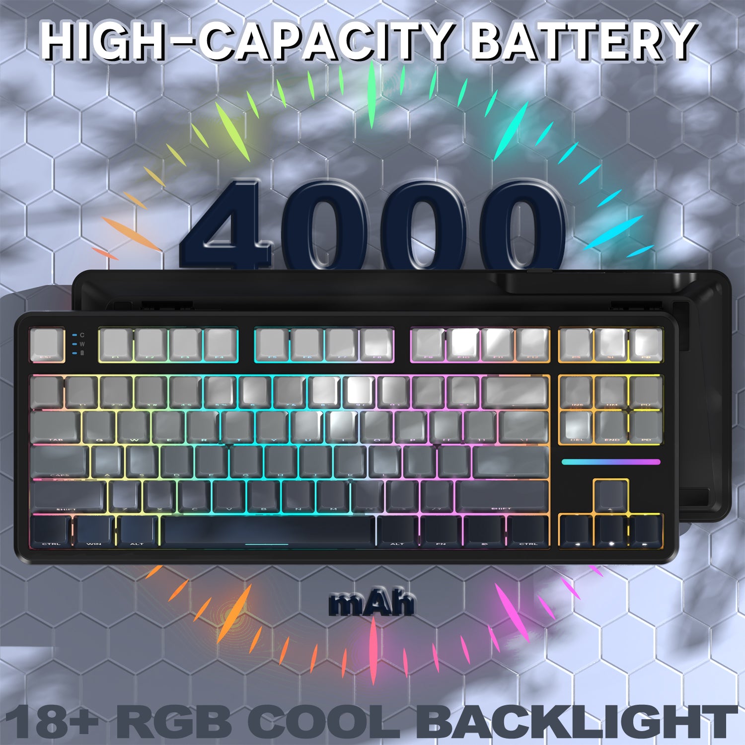 X87 keyboard showcasing 4000mAh battery and 18+ RGB backlighting options