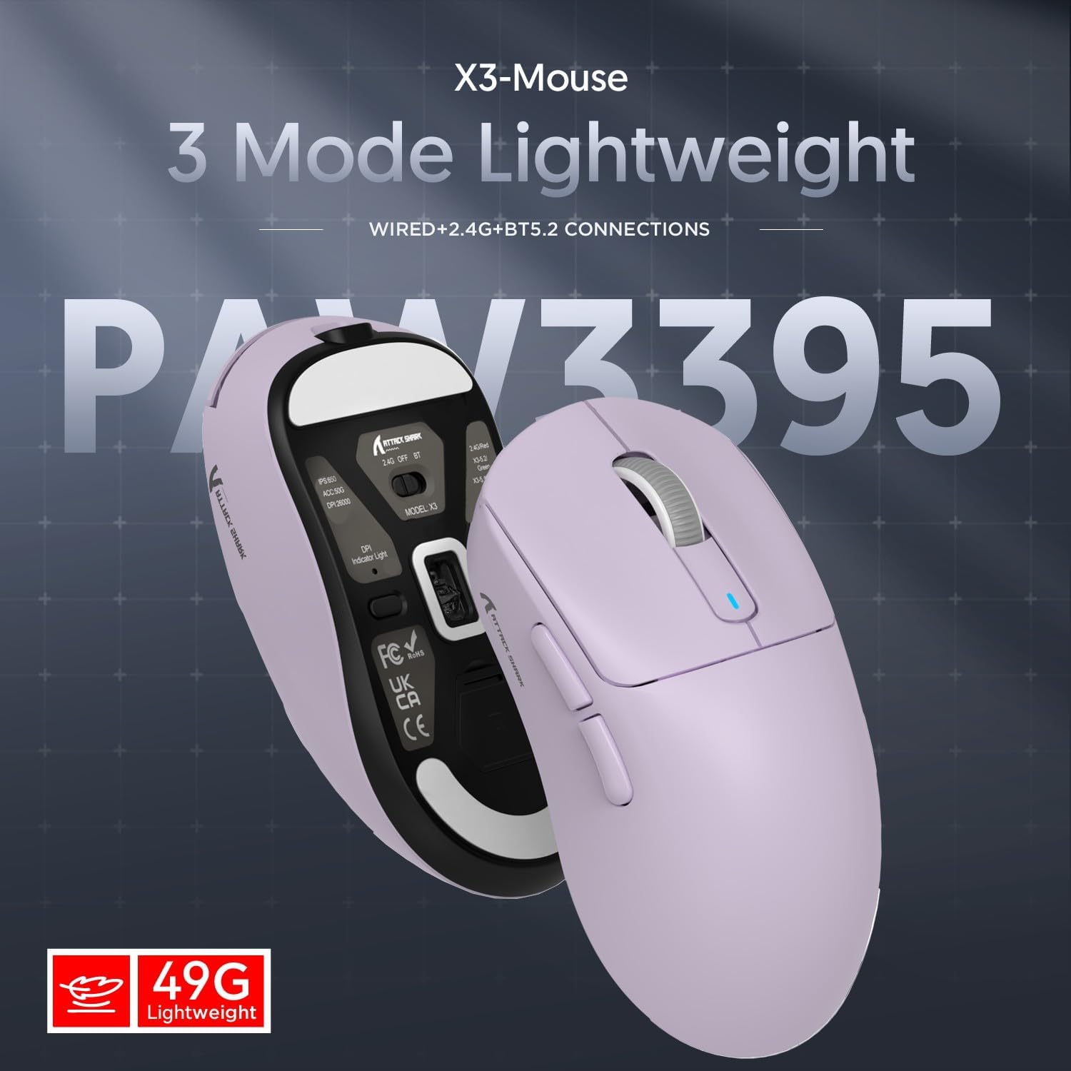 Attack Shark X3 lavender wireless gaming mouse with PAW3395 sensor and tri-mode connectivity.