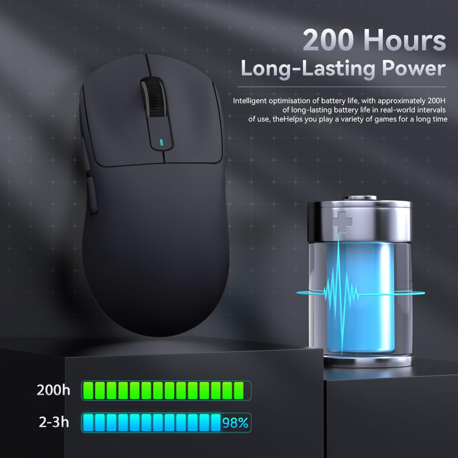 Attack Shark X3 wireless gaming mouse showcasing 200-hour battery life and power efficiency.