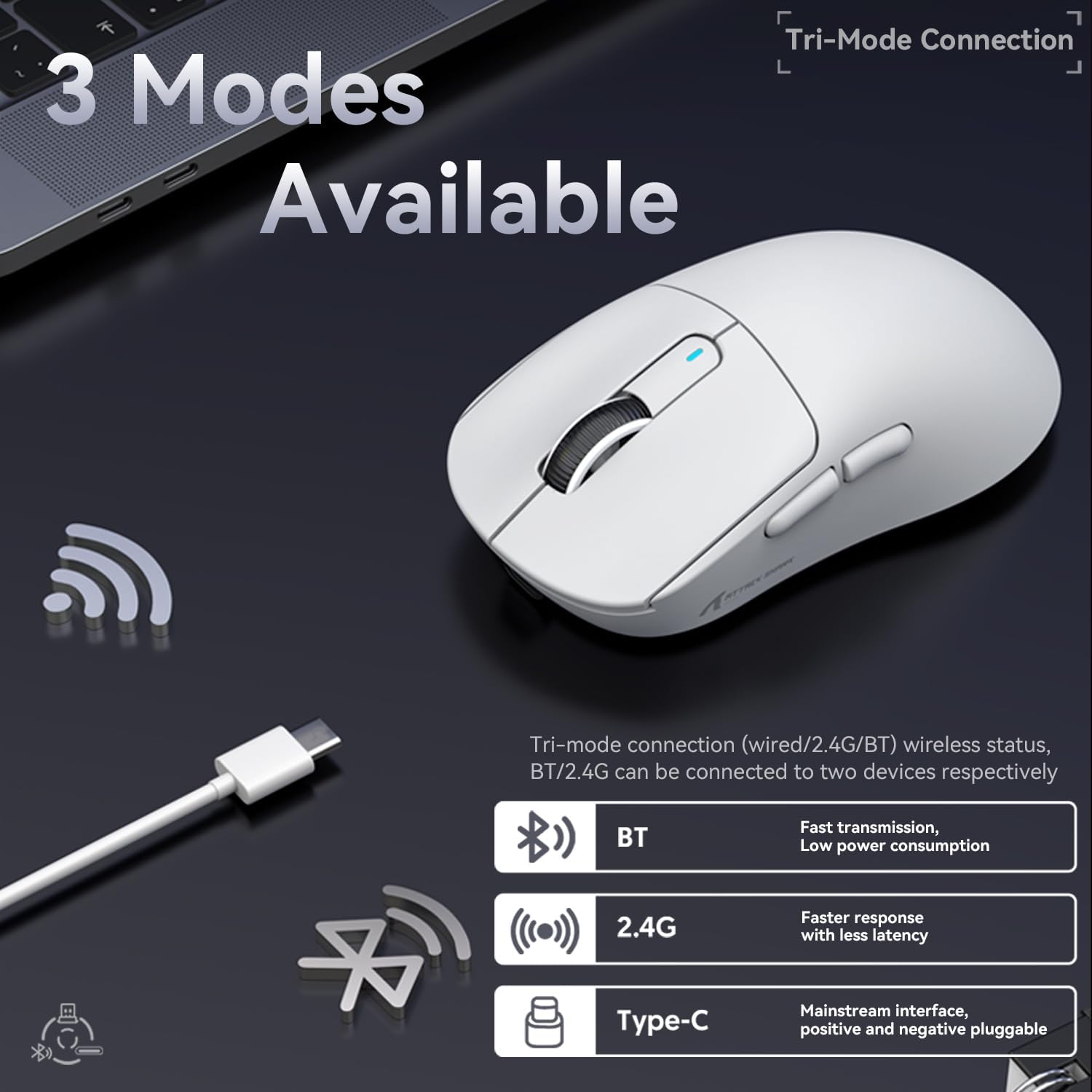 Attack Shark X3 wireless gaming mouse illustrating tri-mode connection options.