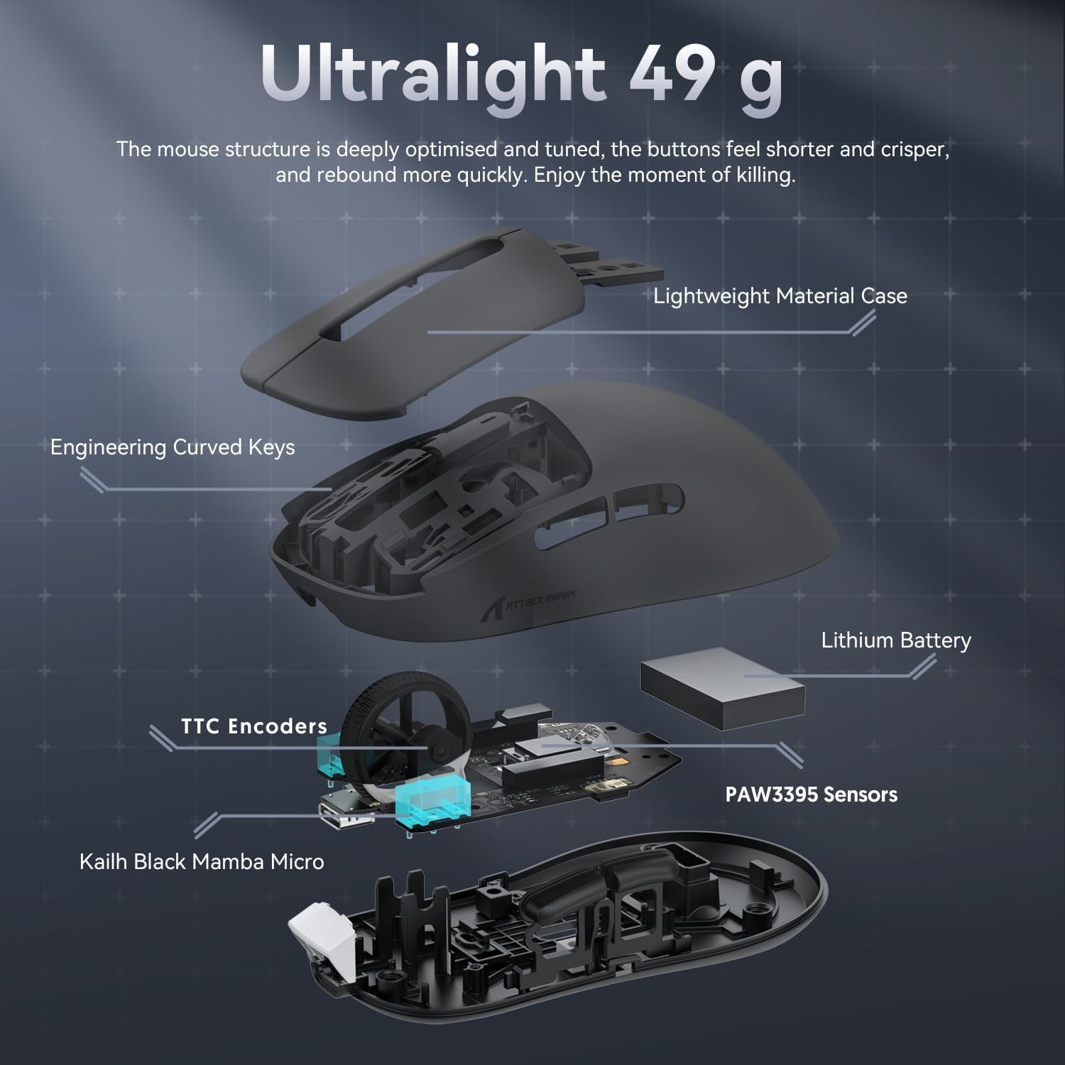 Attack Shark X3 wireless gaming mouse components: lightweight case, sensors, battery.