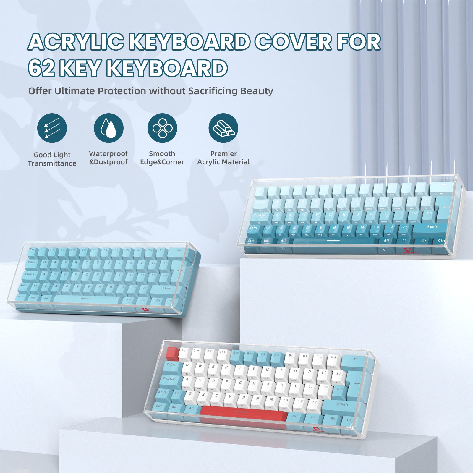 Acrylic cover for 62-key keyboards with blue and white keycaps, showcasing protection.