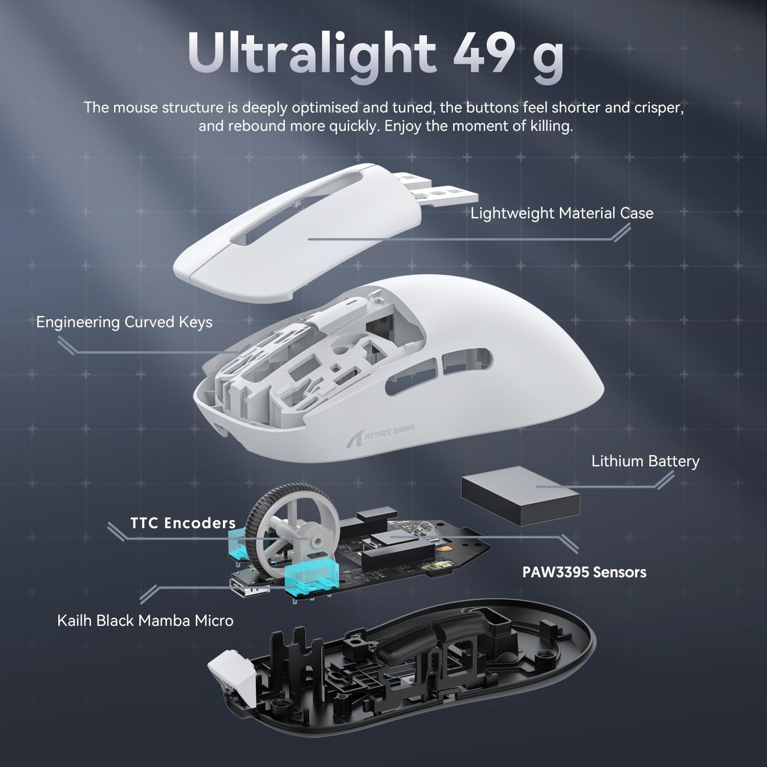 Inside view of Attack Shark X3 mouse showcasing components: lightweight case, battery, and sensors.