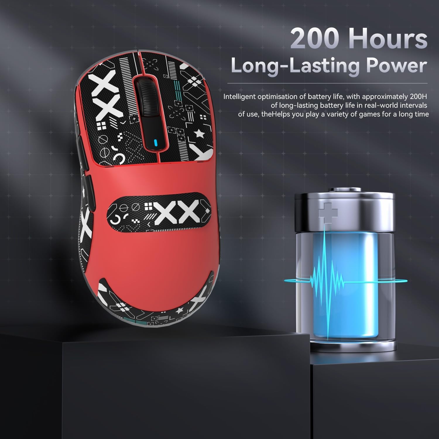 Red Attack Shark X3 wireless gaming mouse underside with 200-hour battery life text.