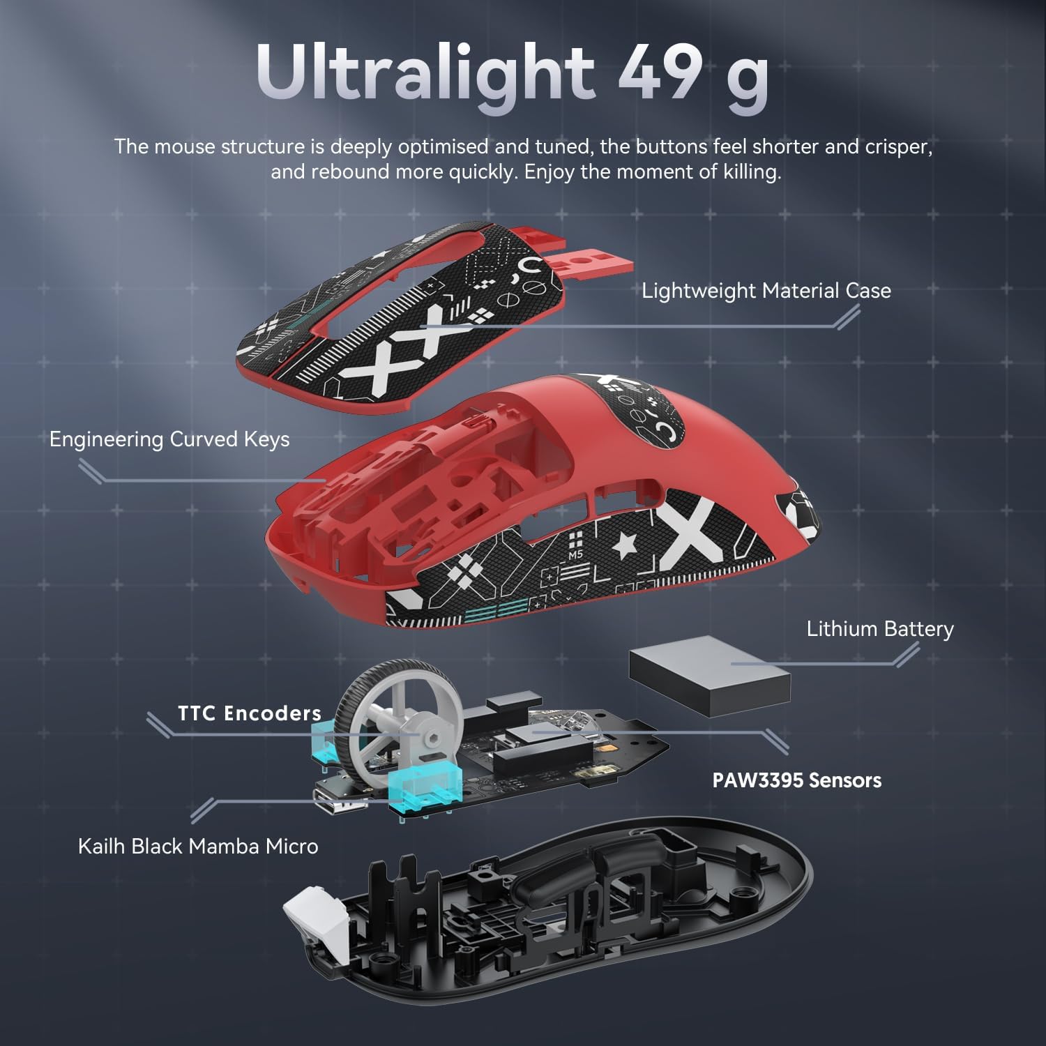 Components of Attack Shark X3 ultra-light gaming mouse: 49g case, battery, and sensors.