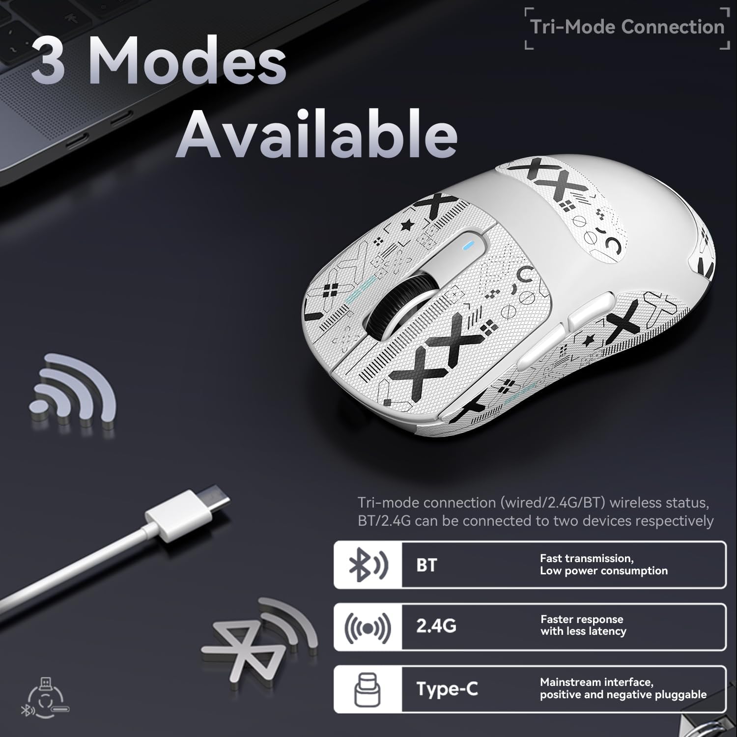 X3 wireless gaming mouse showing tri-mode connections: USB-C, Bluetooth, and 2.4GHz.