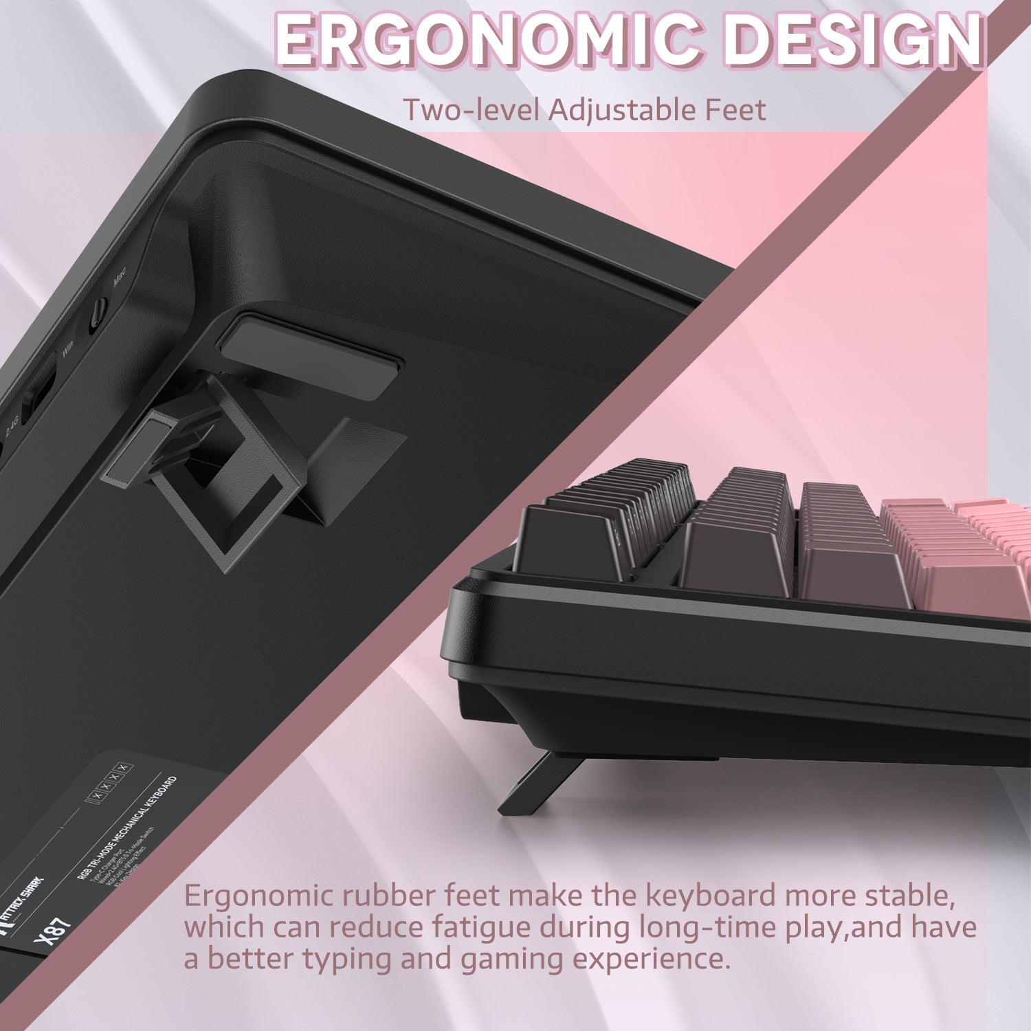 Ergonomic adjustable feet of ATTACK SHARK X87 keyboard for stability and reduced fatigue.