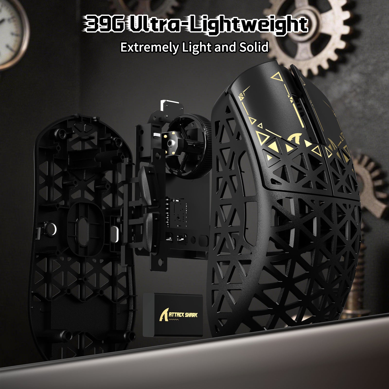 ATTACK SHARK R5 ULTRA gaming mouse, 39G ultra-lightweight carbon fiber exploded view.